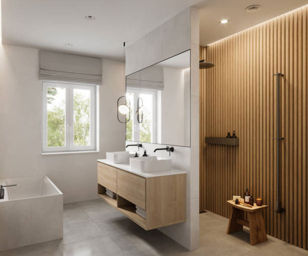 modernes Badezimmer mit zwei Waschbecken und einer Badewanne